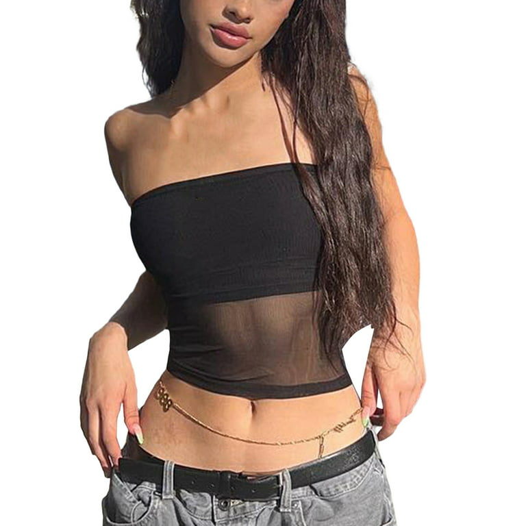 Women Strapless Crop Top Y2K Sheer Mesh Sweetheart Bandeau Tupe Top Summer  Lace Camisole Vest Tops Streetwear (Q-Black,Small) 