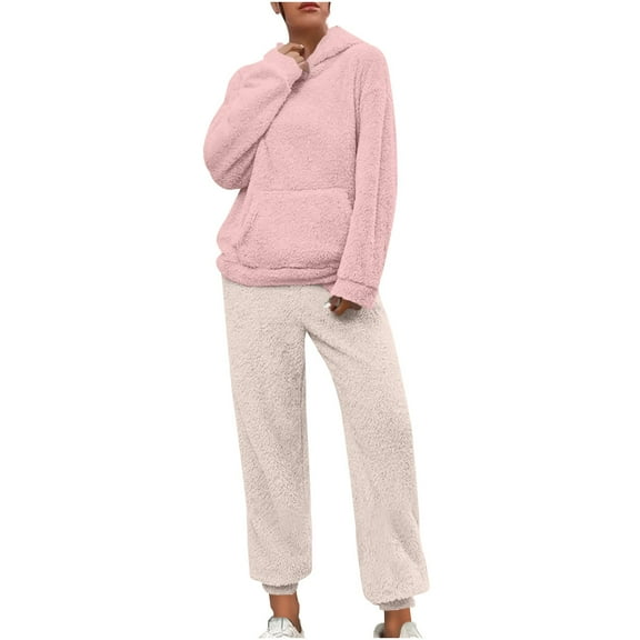 UAMVSH 2 Piece Fuzzy Fleece Hoodie Outfits for Women Plus Size Warm Hooded Pullover and Pant Plush Pajama Sets Winter Loungewear(X-LargePink 2)