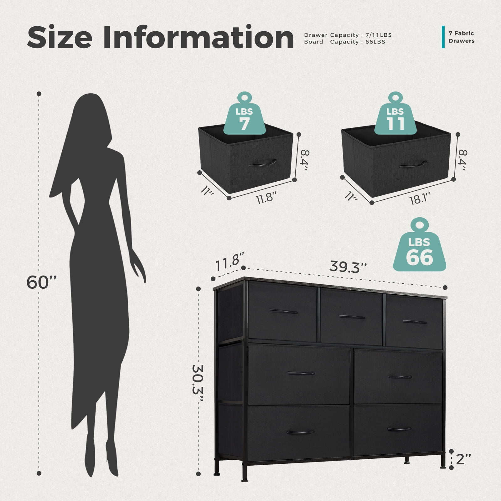 MCQ 7 Drawer Fabric Dresser, Chest of Drawer Organizer Storage Cabinet for Closet, Entryway, Bedroom, Living Room, Black
