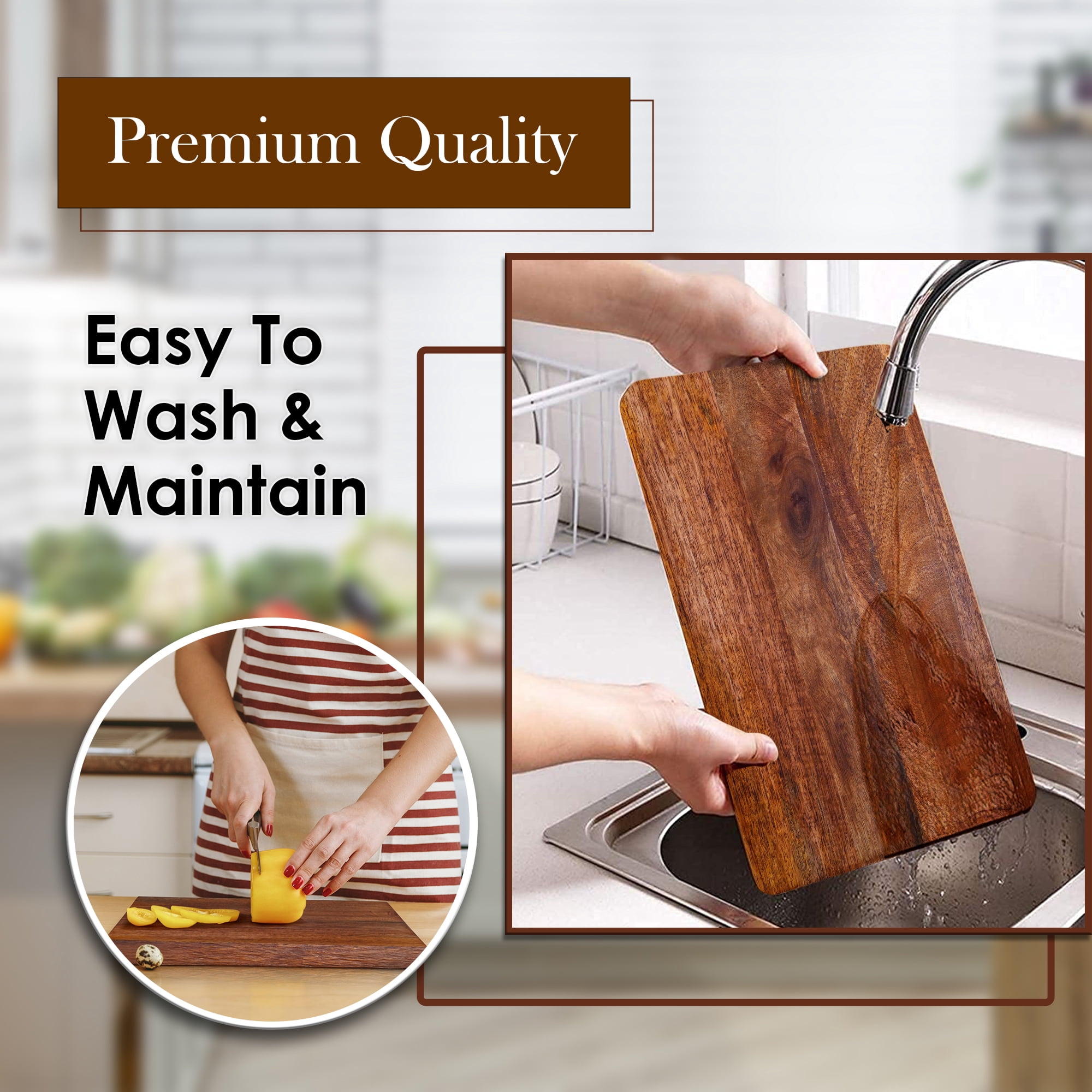 Luxe Designs | Mango Wood Cutting Board | Butcher Block | Live Edges & Non slip Pads | 16" x 12" with 1.7" Thickness