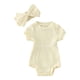 thumbnail image 1 of Gibobby Mameluco niña de manga corta para niños y niñas, mono acanalado de Color sólido para recién nacidos con diademas para niños, ropa(Beige, 6-9 Meses), 1 of 4