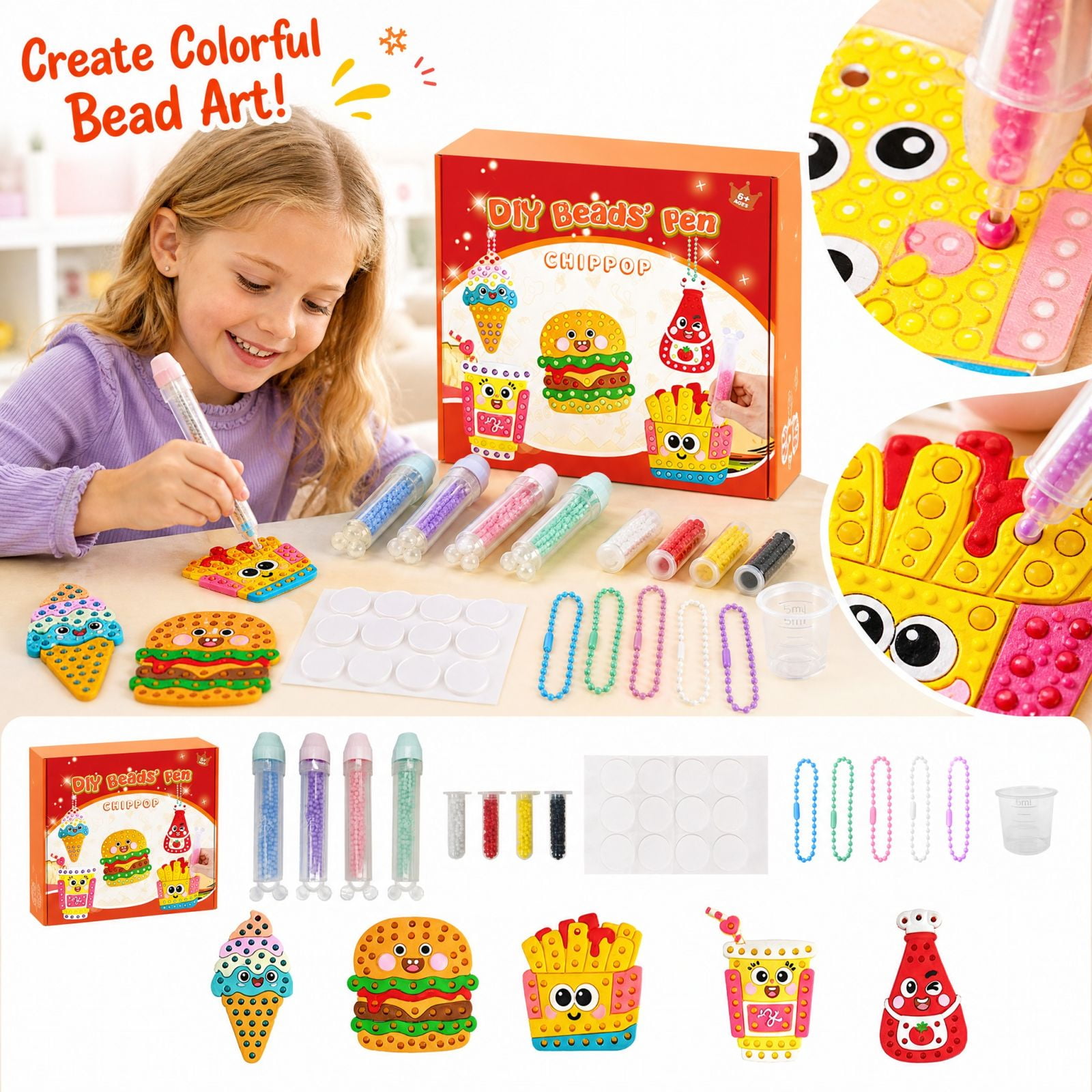 DIY Diamond Painting Kit for Kids Hamburger Dot Art Craft Set with Portable Box 4 Pens 5 Patterns Chains Fine Motor Skills Activity Gift for Boys Girls Age 6-12