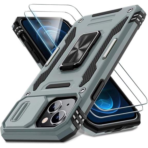 for iPhone 15 Case with Slide Camera Cover Screen Protector (2 Packs), Rotated Ring Kickstand Military Grade Shockproof Protective Cover-Grey