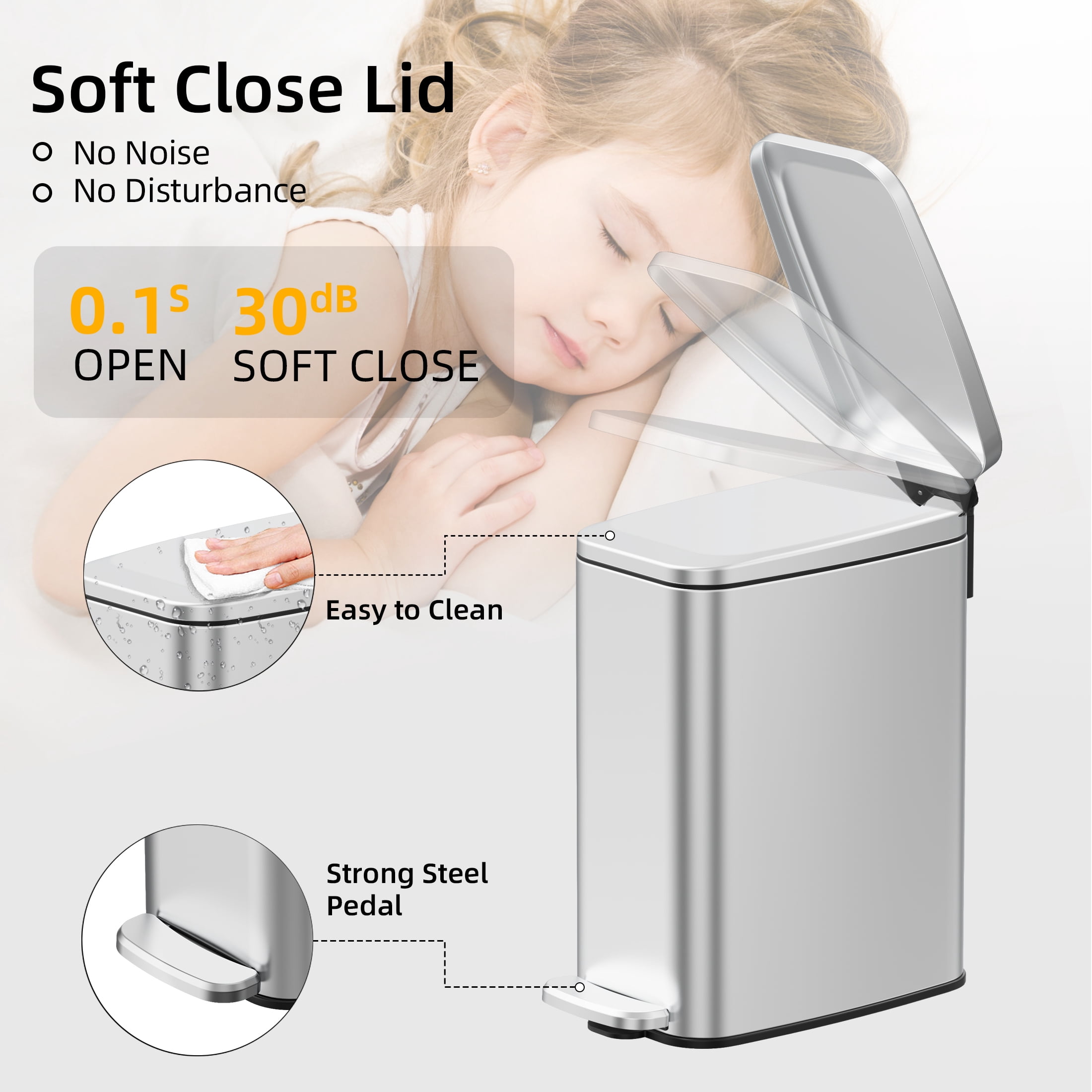 KSSKSS 1.6 Gallon/6L Small Bathroom Steel Step Trash Can, Soft-Close Lid & Fingerprint-Proof, Slim Wastebasket for Narrow Spaces (Silver)