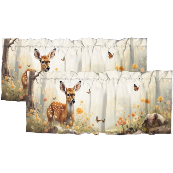 Forest Deer Window Curtain Valances Spring Wildlife Animals Flowers Butterfly Rod Pocket Window Valance for Living Room Bathroom Bedroom Kitchen 54 by 18 in, 2 Panel