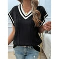 thumbnail image 4 of Oversized Sweater Vest for Women V Neck Cap Sleeve Cable Knit Vest Loose Striped Pullover Tank Tops Black XL, 4 of 7