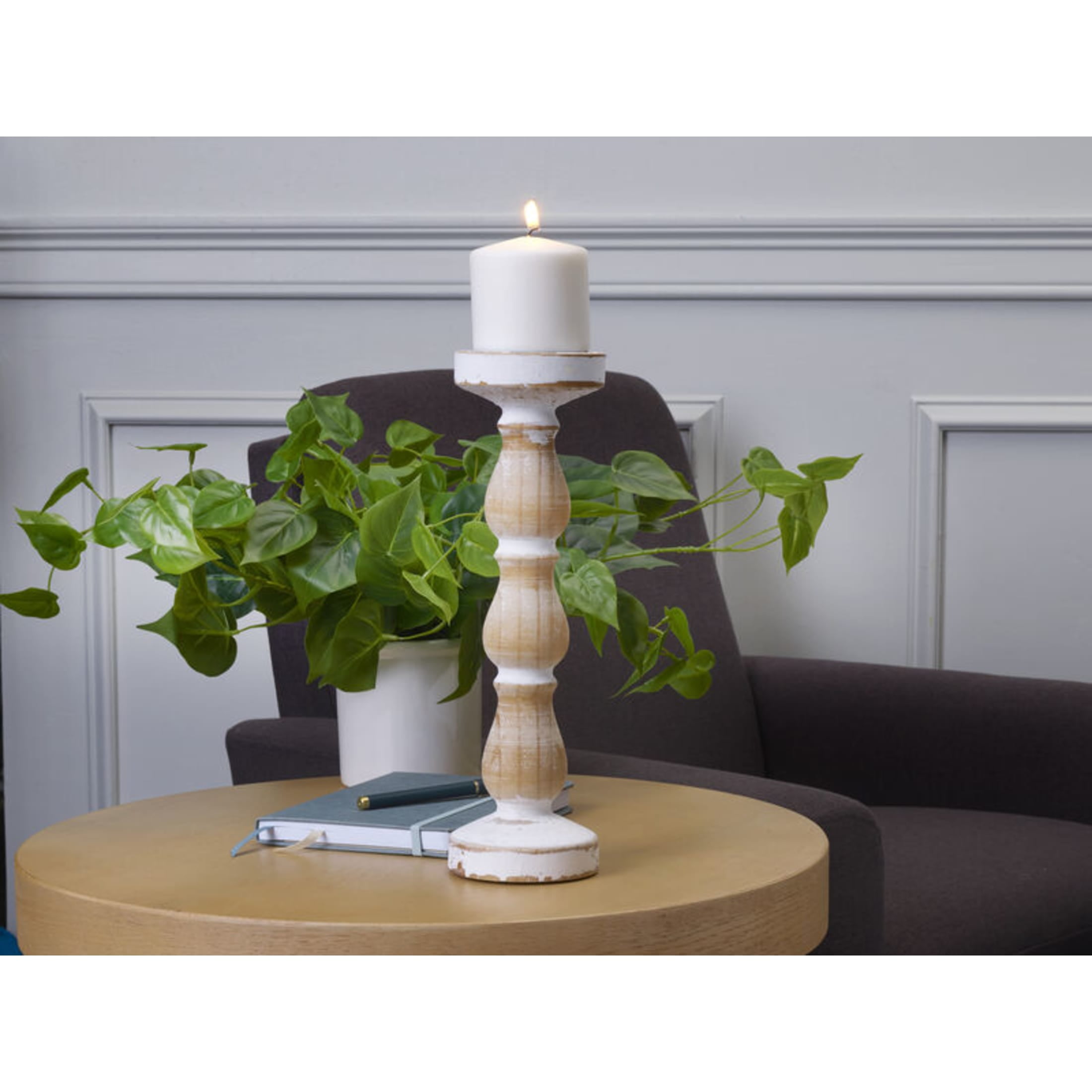 Elements 14 inch Wood Candleholder, White