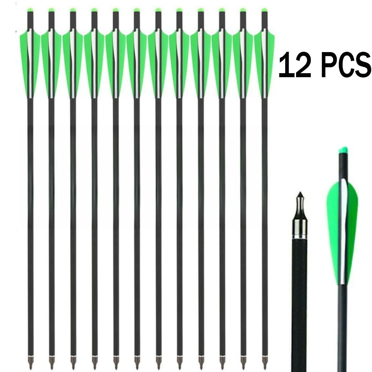 12Pcs 20 Carbon Crossbow Bolts Arrows Archery Hunting with 4 Vane Replaced Tip