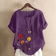 thumbnail image 2 of VEKDONE Floral Graphic Tees for Women Linen Short Sleeve Crewneck Blouse Summer Plus Size Loose Fit Mexican Shirts Casual Lightweight Pullover Top Tunics Purple XL, 2 of 5