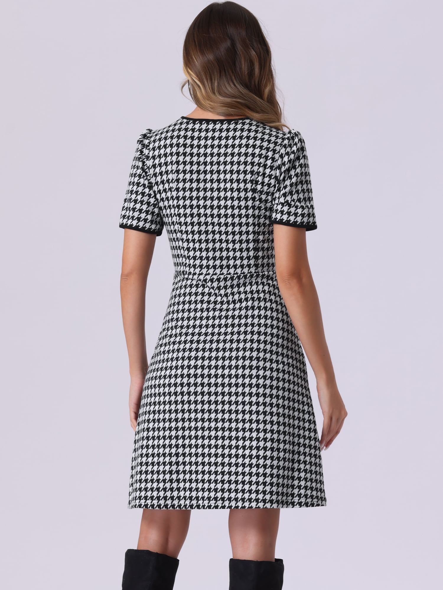 DARING DIVA Plaid A-Line Crewneck Contrast Trim Dress S Black