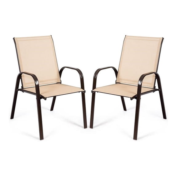Pemberly Row Steel & Fabric Patio Dining Chairs with Armrest in Beige (Set of 2)