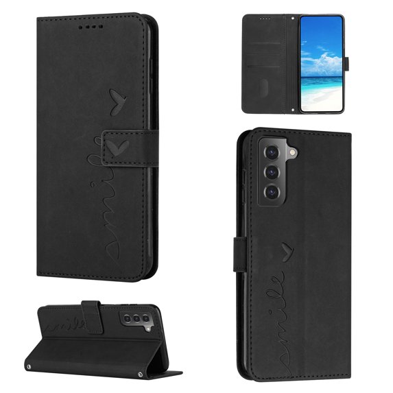 For Samsung Galaxy S21 Plus Wallet Cover, PU Leather Kickstand Credit Card Pocket Slots Wrist Strap Magnetic Folio Heart Patterned Embossed Flip Cover for Samsung Galaxy S21 Plus, Black