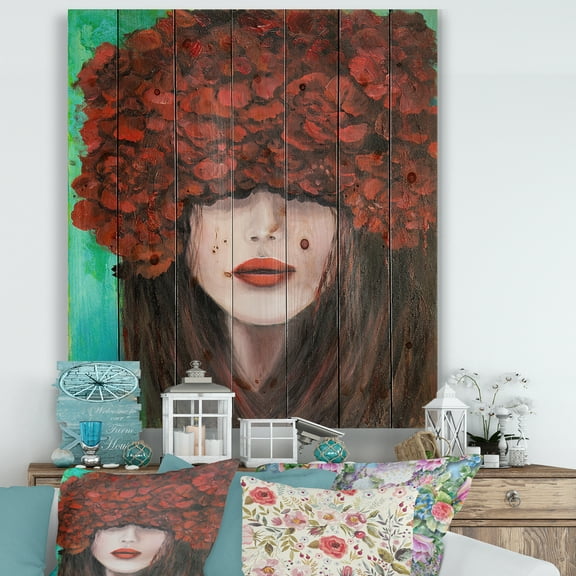 Designart 'Portrait Of A Young Lady With Red Flowers' Modern Print on Natural Pine Wood