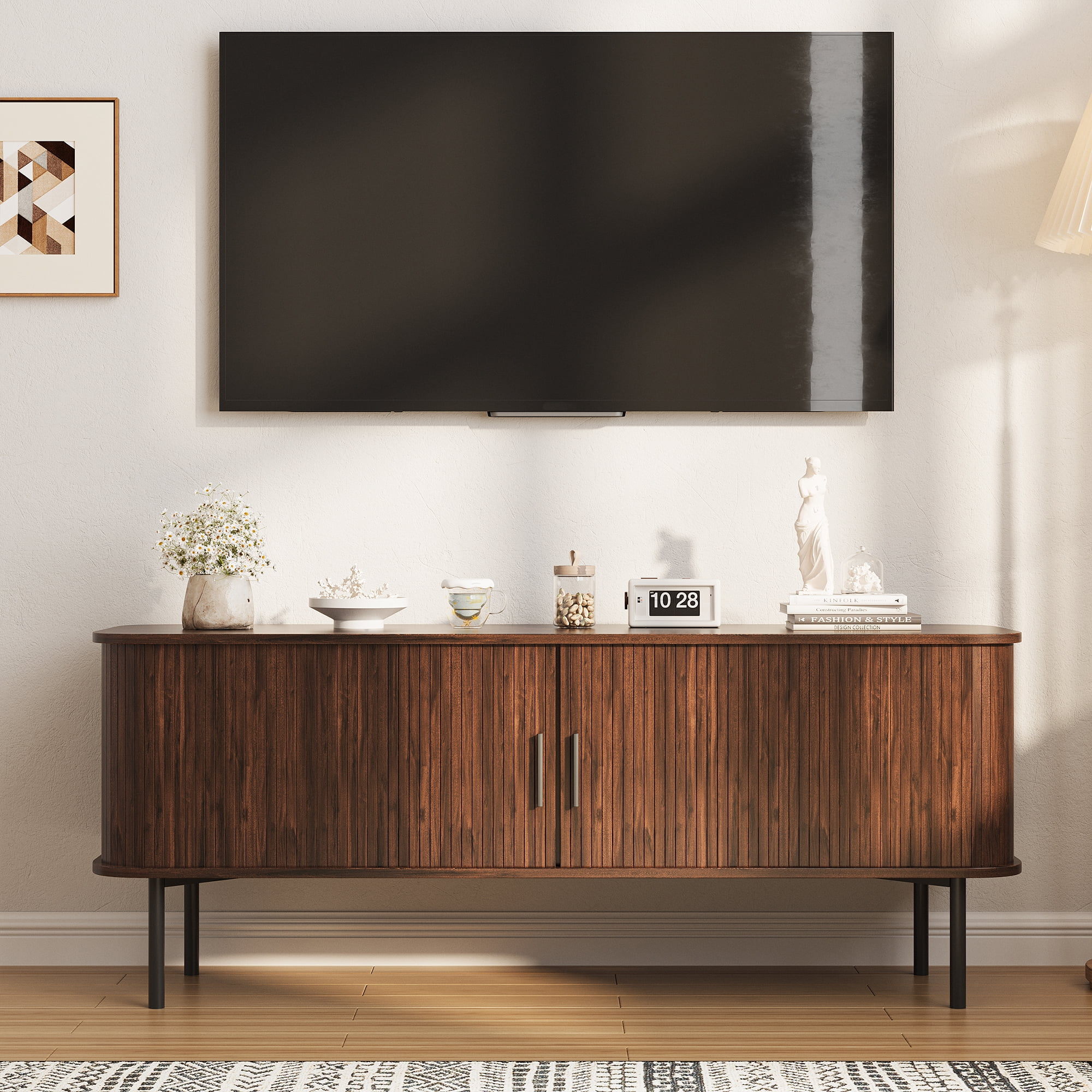 VEANERWOOD Fluted 55" TV Stand for TVs Up To 65", Console Table Credenza with Tambour Slatted Sliding Doors and Storage Shelves, Wood Entertainment Cente