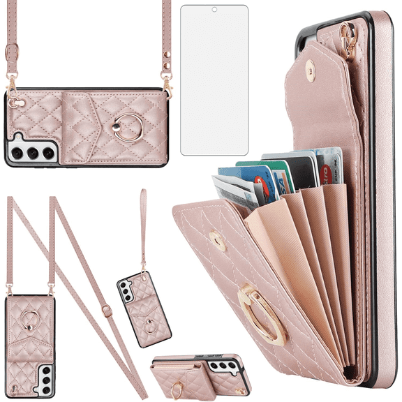 Asuwish Wallet RFID Blocking PU Leather Cell Phone Case with Tempered Glass Screen Protector, Wrist Strap for Samsung Galaxy S21 FE/S21 FE 5G UW, Rose Gold