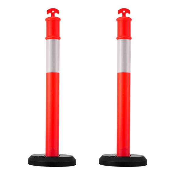 KFFKFF Set of 2 Traffic Delineator Posts, 48-Inch Safety Cones with Fillable Base and Reflective Strips, Durable Posts for Construction Zones, Parking Areas, and Crowd Management, Red