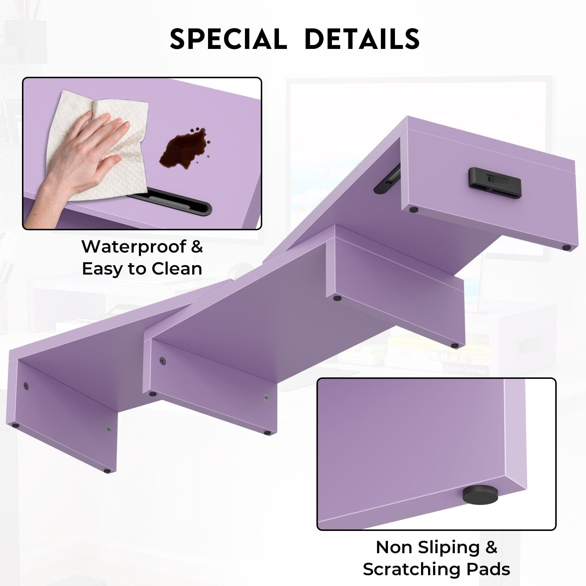 Dual Monitor Stand Riser With Smartphone Holder  Adjustable Length & Swivel Angle Wooden Desktop Organizer For Pc Laptop Printer Large Storage Purple