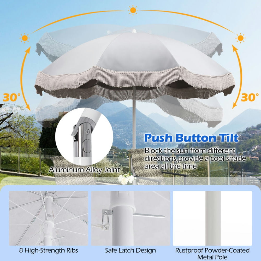 Aimee Lii 6.5 FT Beach Umbrella with Fringe Outdoor Tassel Umbrella with Push Button Tilt, Patio Umbrella, Outdoor Market Umbrella-White
