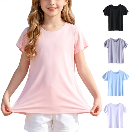 Auroural Toddler Kids Girls Cute Solid Color Soft Short Sleeve Shirts Ice Silk Cool Casual Top Clothes Toddler Girls Short Sleeve Shirts
