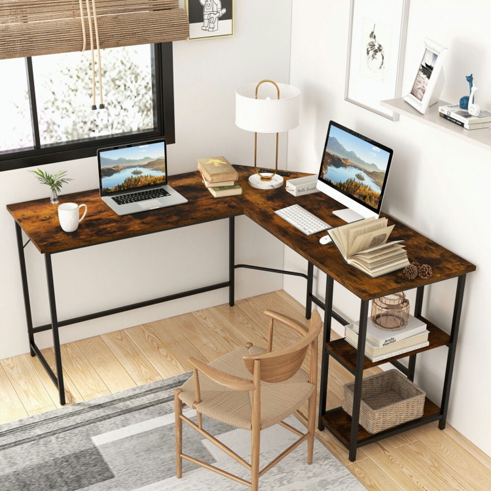 Demi Bonn L Shaped Computer Desk with 2 Outlets and 2 USB Ports, Small Home Office Desk Study Writing Table, Brown