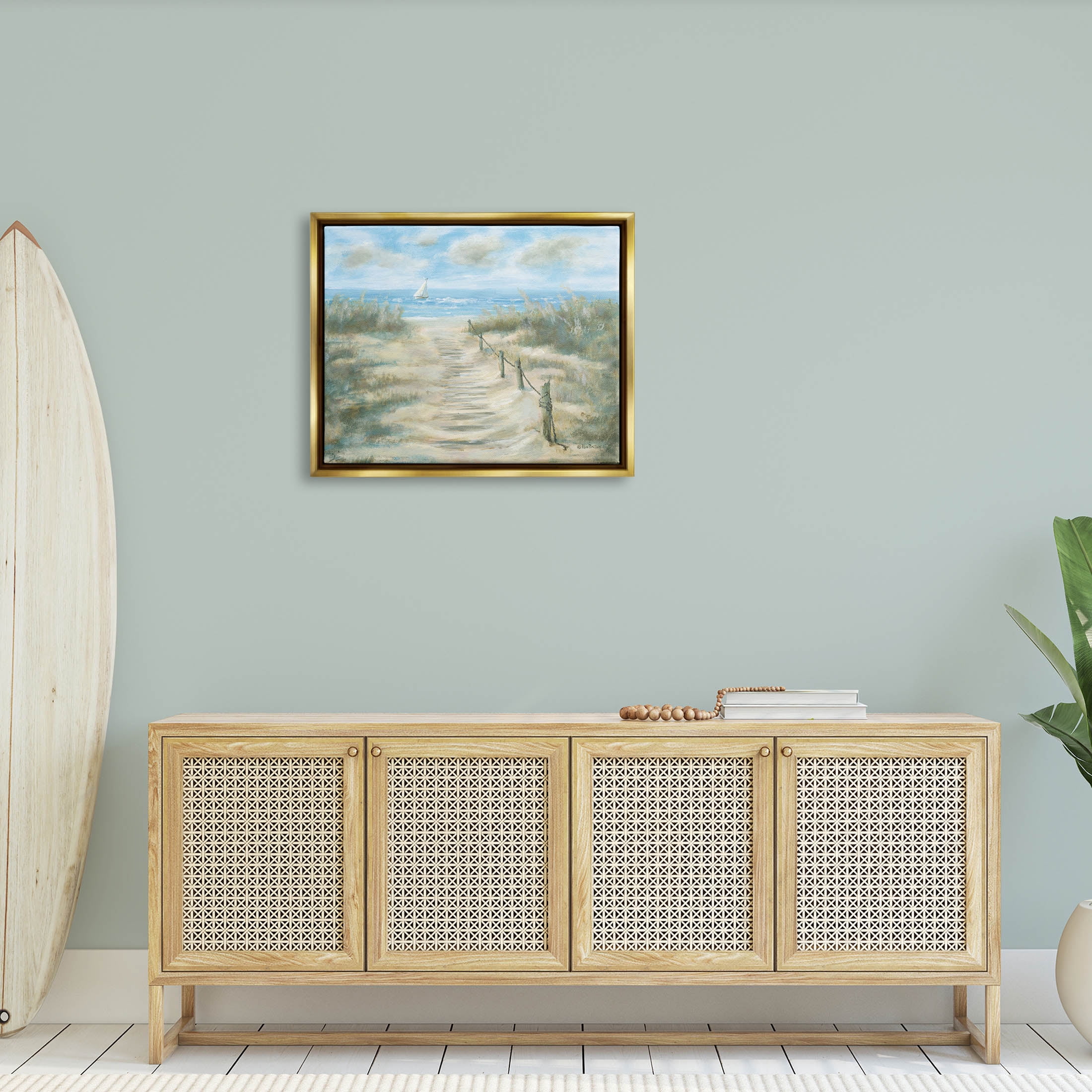 Ocean Shore Beach Boardwalk Coastal Painting Metallic Gold Framed Art Print Wall Art