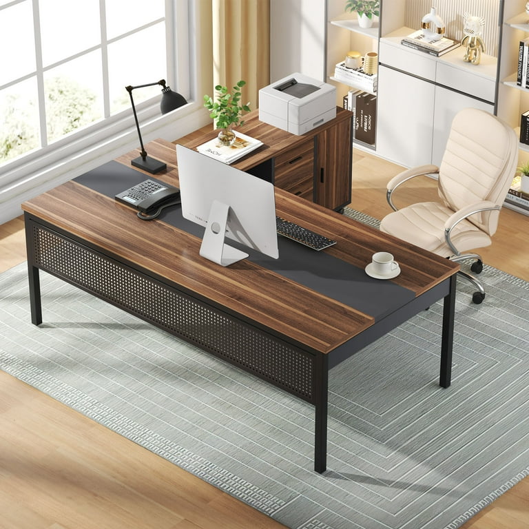 Tribesigns 70.8 inch Large Computer Desk with 47 inch File Cabinet L Shaped Executive Office Desk Workstation Walnut Black Brown