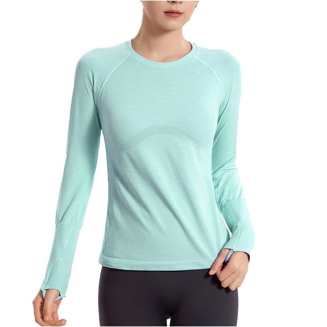 Ltctricy T-Shirts d'Entraînement à Manches Longues pour Femmes, Col Rond, Extensibles, Ajustés, T-Shirts Athlétiques de Course, de Gym et de Yoga avec Trous pour les Pouces (Vert, Petit)