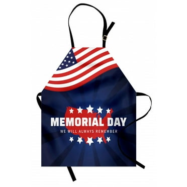 Memorial Day Apron, Retro Look American Flag Sunbeams Patriotic Stars Pattern, Unisex Kitchen Bib with Adjustable Neck for Cooking Gardening, Adult Size, Night Blue Vermilion, by Ambesonne