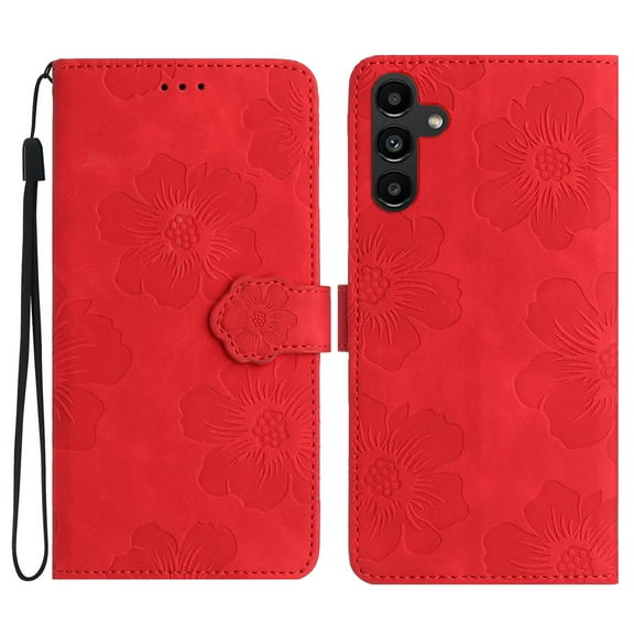 SaniMore Case for Samsung Galaxy A54 5G 6.4" 2023, [Card Slots   Cash Pocket   Removeable Wrist Strap] PU Leather Embossed Flower Flip Kickstand 360° All-around Protective Wallet Shell, Red