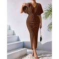 thumbnail image 4 of Womens Metallic Faux Wrap Cocktail Dress Solid Color V-Neck Pleated High Slit Short Sleeve Midi Dress Coffee Color XL, 4 of 7