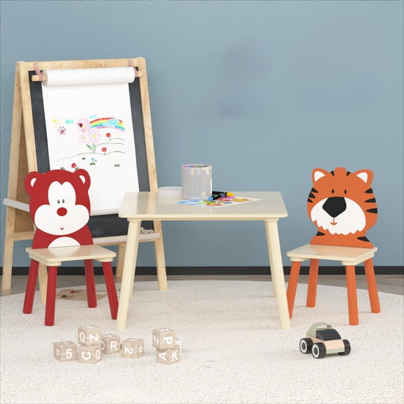 3 Piece Kids Table and Chair Set , Toddler Wood Table with 2 Chairs Set Cartoon Animals, Bear & Tiger