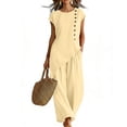 thumbnail image 2 of Favoffer Women's Two Piece Outfit Solid Color Button Front Short Sleeve Top Matching Long Pants Casual Loose Set Daily Commute Outdoor Loungewear, 2 of 6
