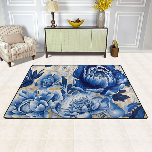 Blue Flowers Hibiscus Area Floor Mats Soft Large Nursery Rugs Non-Slip Foam Carpets Living Room Doormat for Bedroom Dinning Decor 36" x 24"