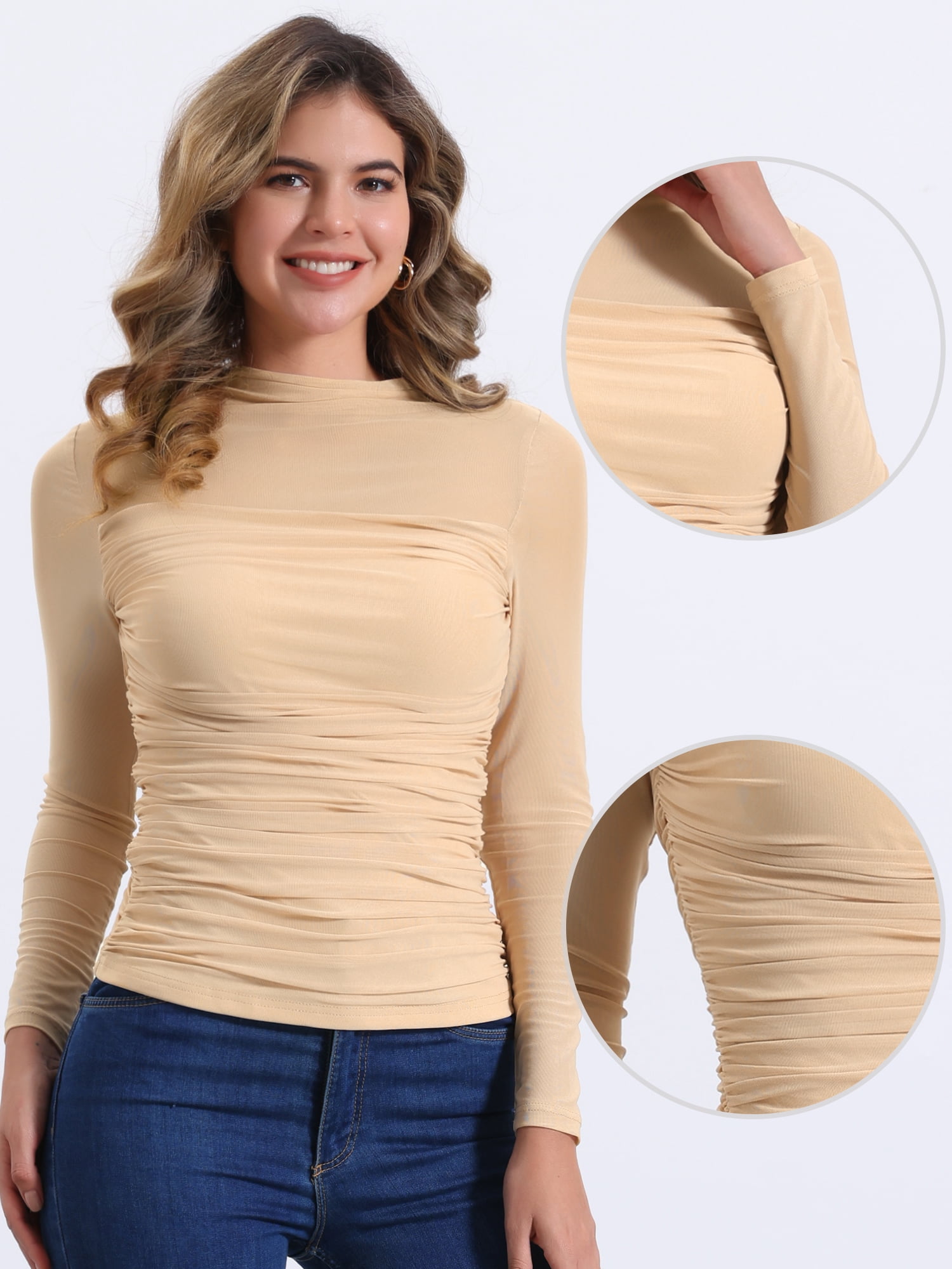 DARING DIVA Solid Mock Neck Sheer Panel Top S Apricots