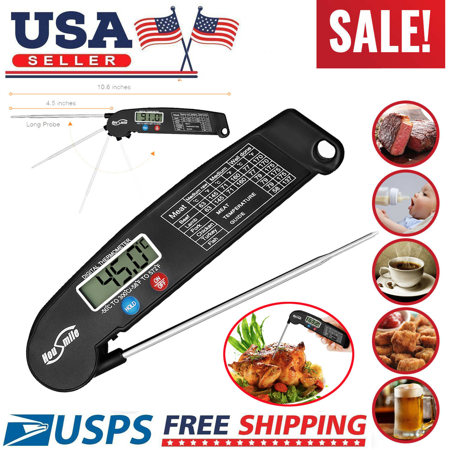 Instant Read Digital Meat Thermometer BBQ Grill Smoker For Kitchen Food