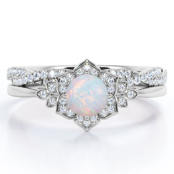 JeenMata Flower Halo Bezel 1.5 Carat Round Cut Ethiopian Opal and Moissanite Infinity Twisted Band Wedding Ring Set in 18K White Gold Plating over Silver