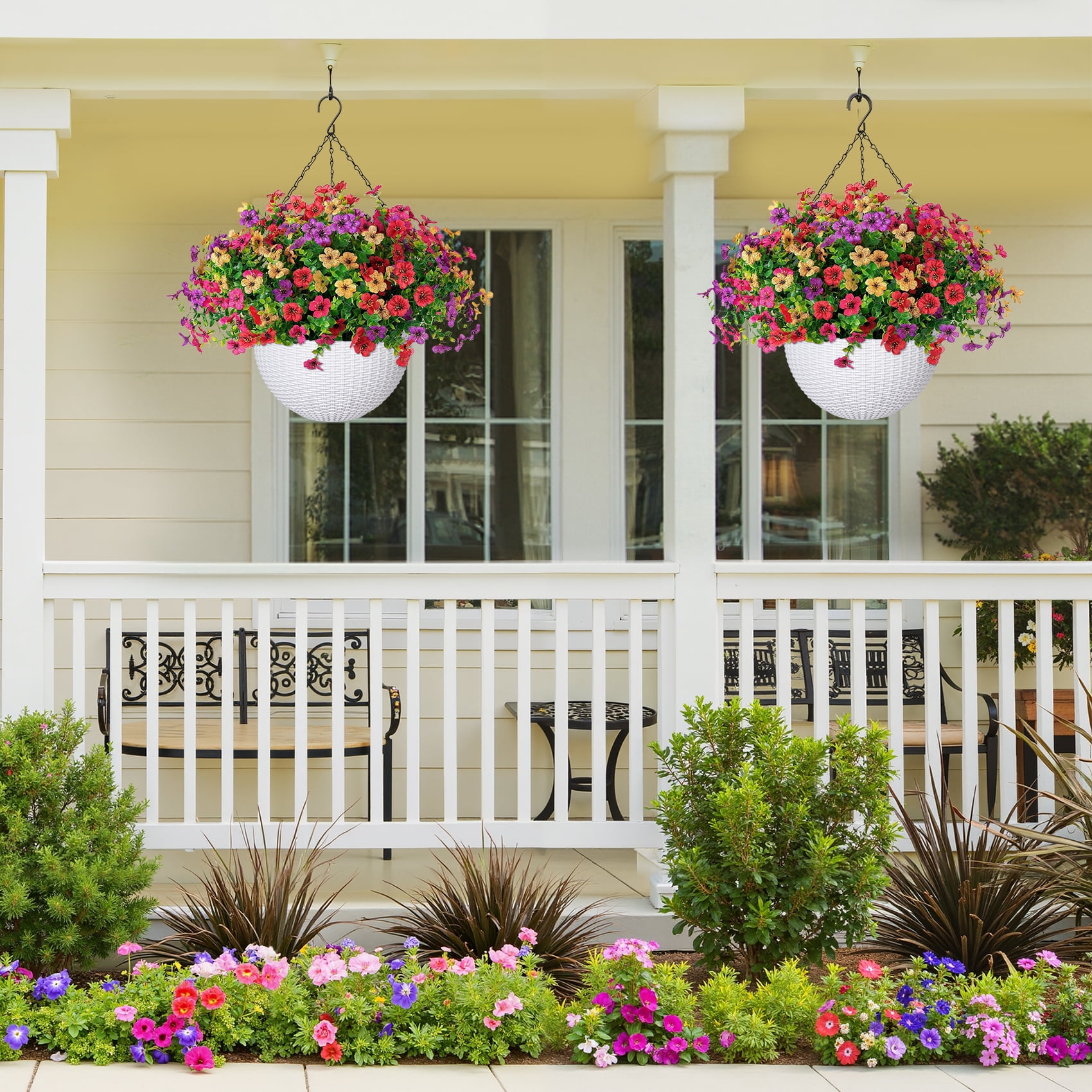 Scidweet Artificial Hanging Flowers, 12 Pcs Fake Flowers Faux Plants with Imitation Woven White Basket for Outside Indoor Spring Summer Decoration for Home Garden