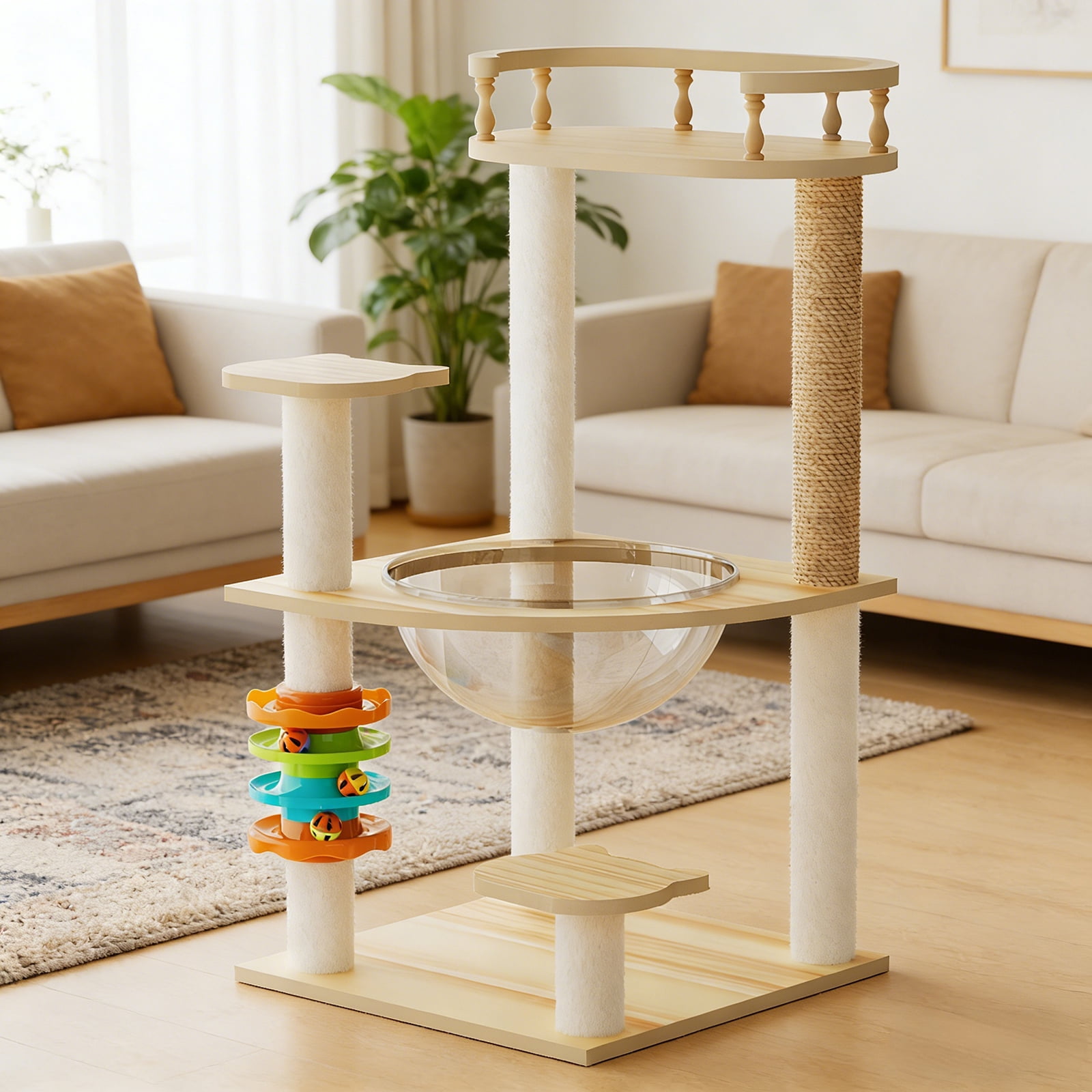 32.2 Inch Modern Wood Cat Tower, Cat Tree with Sisal Scratching Posts, Top Perch, Acrylic Hammock & Toys, Indoor Activity Condo for Small Large Cats