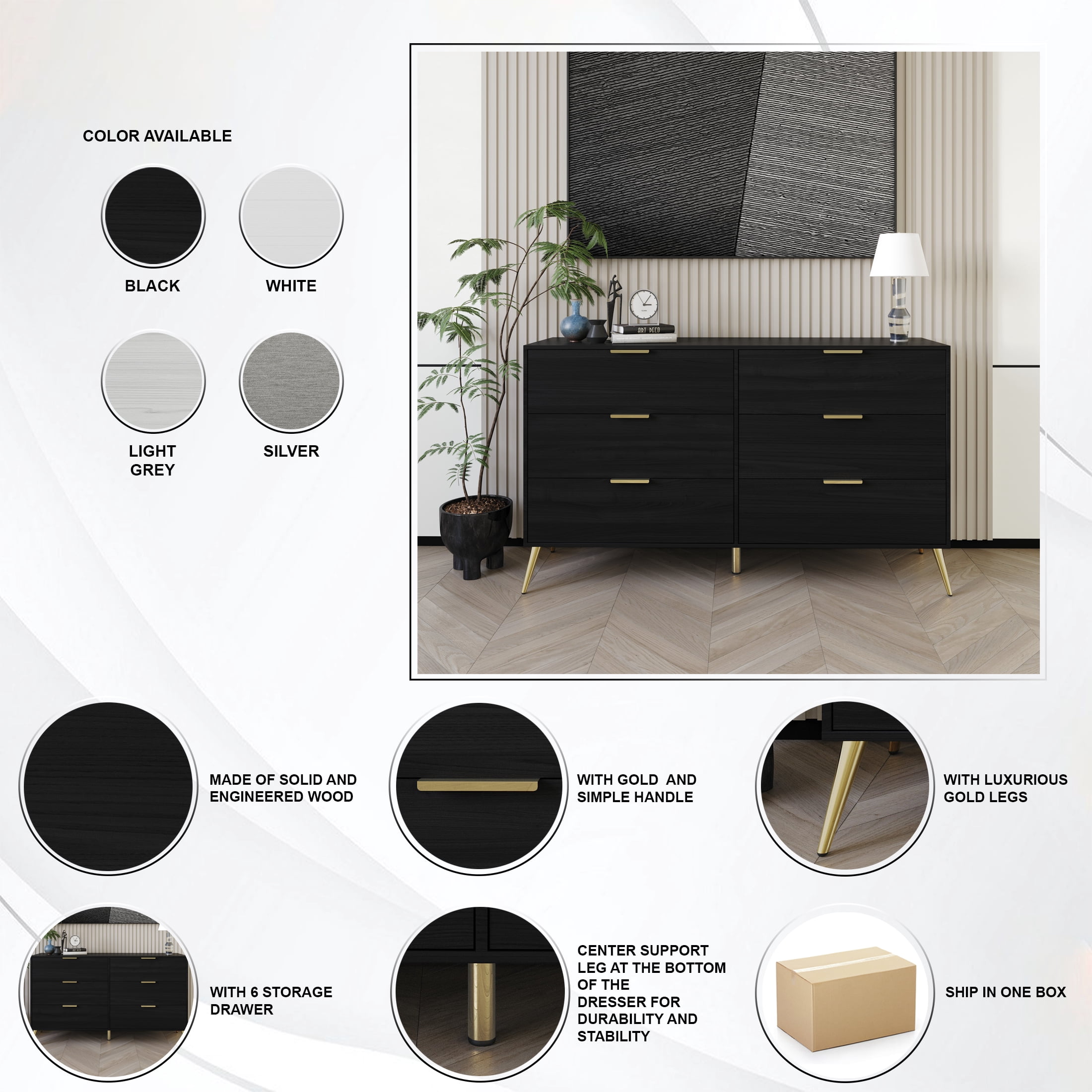 Castle Place Glam 6 Drawers Wooden Dresser, Silver