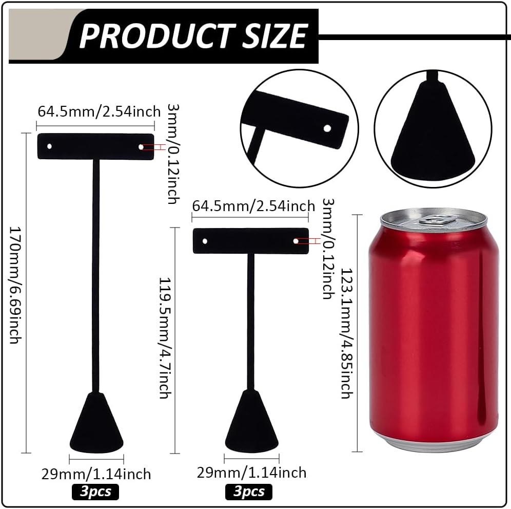 6 Pcs T-Bar Jewelry Display Tower (4.7/6.69inch) Height Black Velvet Earring Hanger Showcase Jewelry Earring Organizer for Online Store Photography