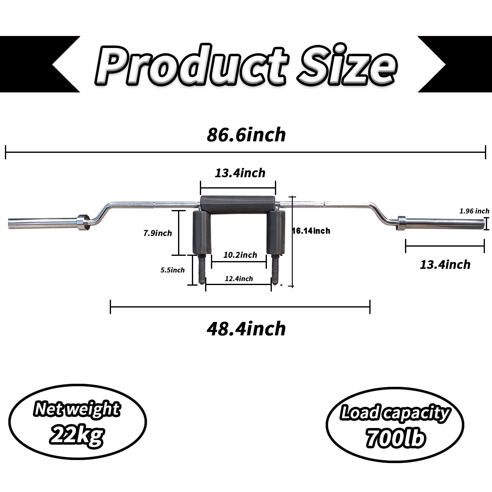 Safety Squat Bar 700LB,Steel Fitness Squat Olympic Bar with 2 xBarbell Clips,Neck & Shoulder Pad,,Strength Training Bars Fits 2" Olympic Plates( Without Weights )