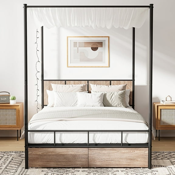 Queen Size Canopy Bed Frame, HSUNNS 2 Storage Drawers Platform Bed Frame with Footboard and Wooden Headboard, Removable Canopy, Under-Bed Storage, Noise Free, Easy Assembly, Black Brown