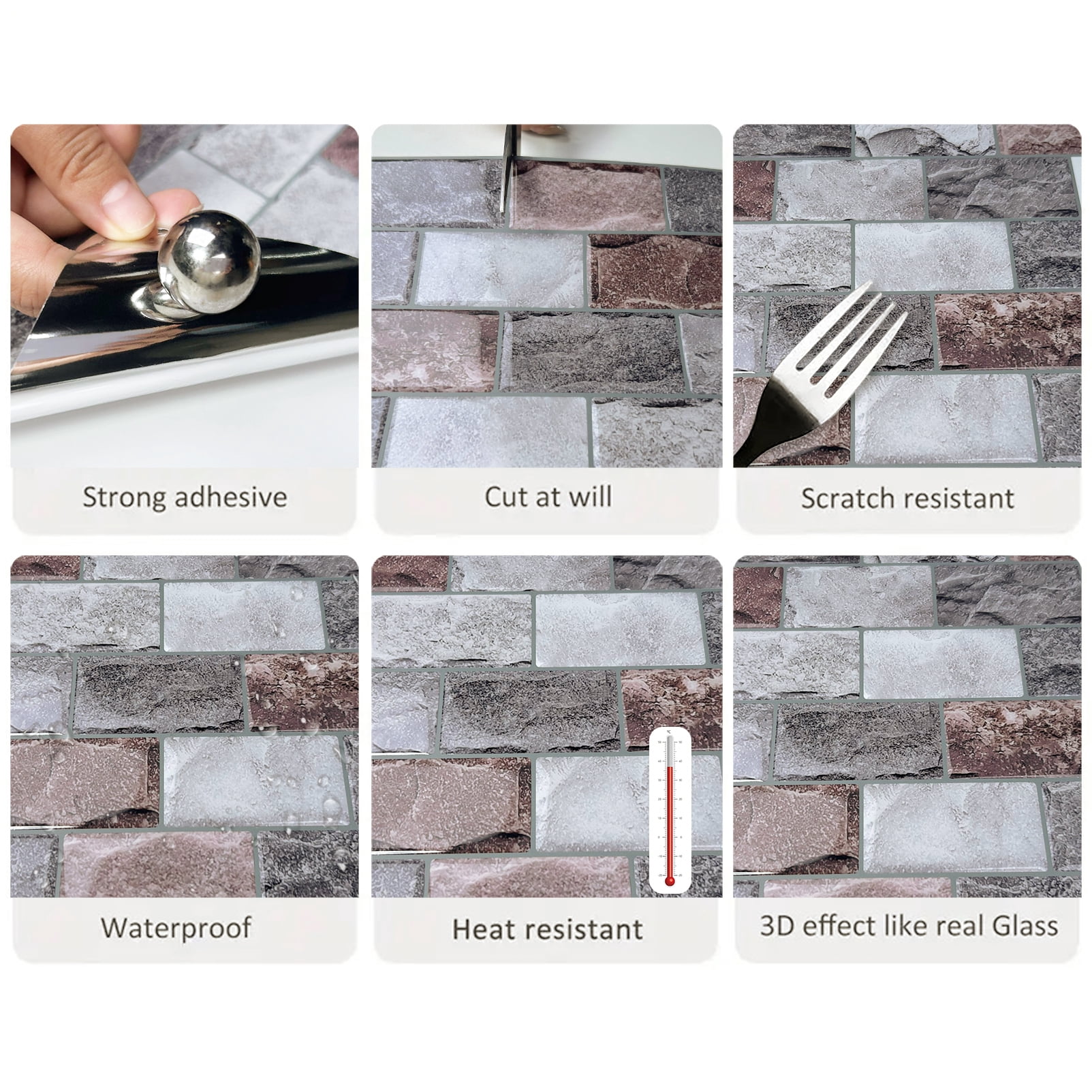 DEWOO 10 Sheets Peel and Stick Tile Backsplash for Kitchen Wall Tile, Self Adhesive Brick Backsplash Subway Tiles Backsplash, Stick on Tiles Kitchen Backsplash(Gray Brown,10.6"x10")