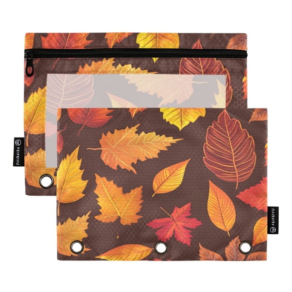 2 Pack 3 Ring Binder Pouch with Clear PVC Window Water Resistant Zipper Pencil Pouch Orange Maple Leaves Binder Pocket for Classroom Office Home Stationery Organization
