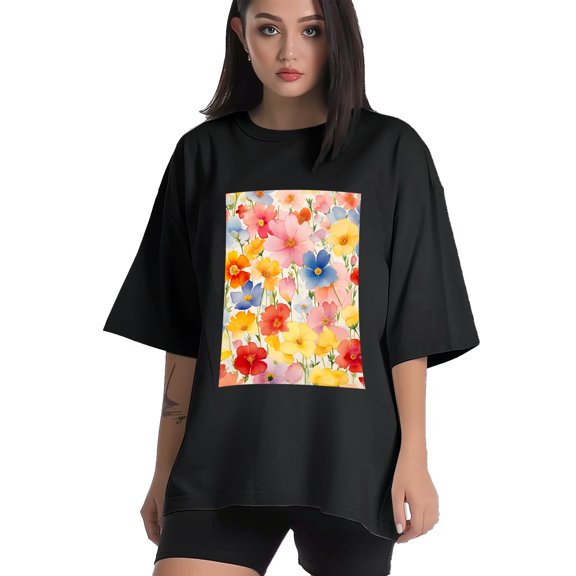 Plus Size Shirt for Women Black Tops for Women Short Sleeves Shirt for Women Flowers T Shirt Crewneck Shirt for Women XS
