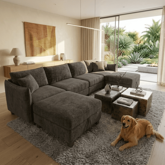 Cloud Couch Modular Sectional Sofa 6 Seat 120" U Shaped Convertible Couch Polyester Thick Cushion with 2 Movable Ottomans and Toss Pillows Washable Removable Cover for Living Room,Dark Grey