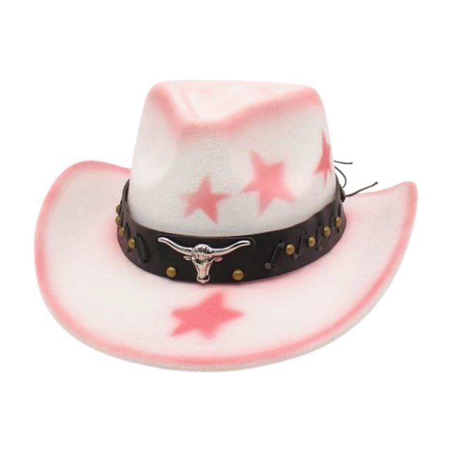 Wdgfv Western Cowboy Hat Featuring Studded Bull Head Design And Star Pattern With Heart Top For Fashionable Western Style White One Size