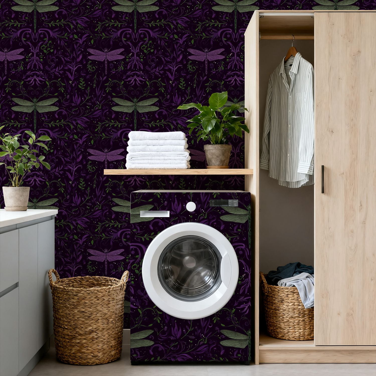 Peel and Stick Wallpaper Whimsical Dragonfly Floral Purple Green Tones Wall Mural 17.7in x 9.8ft Self Adhesive Removable Wall Paper Renter Friendly Wallpaper for Nursery Bedroom Cabinets