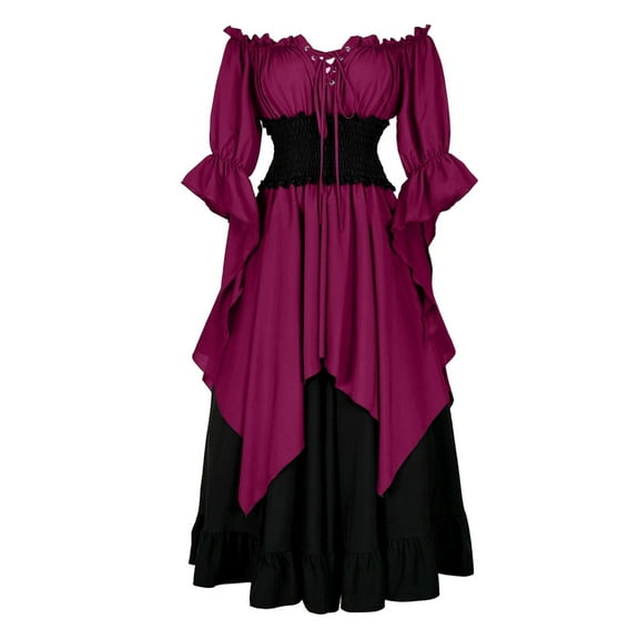 Busydd Women Dresses Vintage Color Block Gothic Dresses for Women Flowy Tunic Maxi Dress Pleated Medieval Dress for Women S