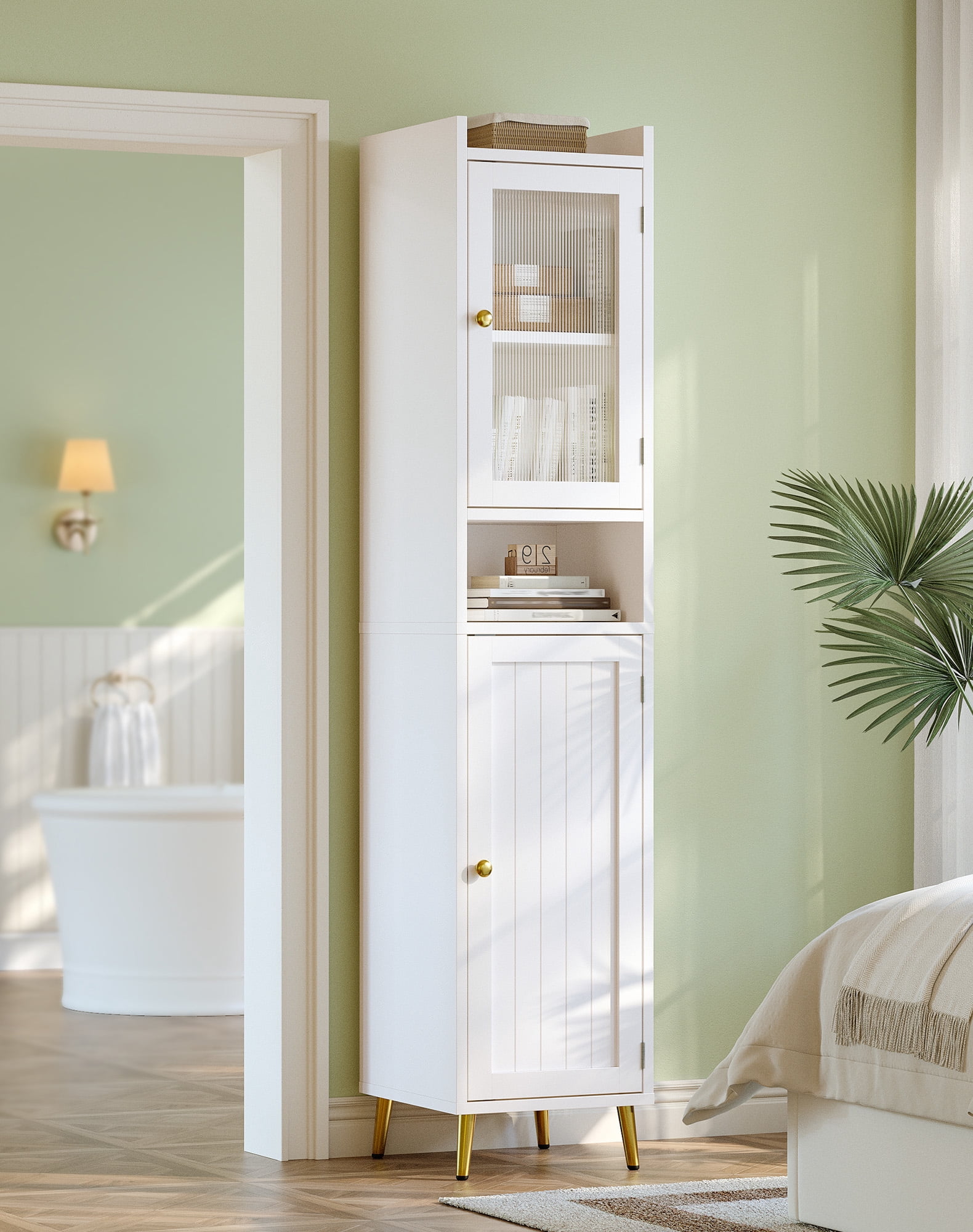 EnHomee 69" Tall Bathroom Storage Cabinet,Narrow Linen Cabinet with 2 Door and Adjustable Shelves​,White
